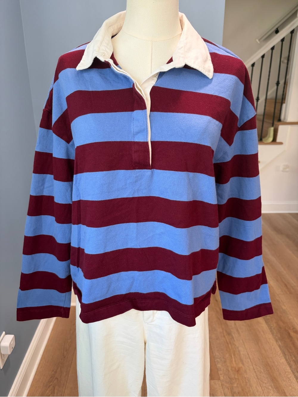 J.Crew Striped Rugby Shirt Burgundy Blue Cotton Collared Top Medium - Picture 2 of 8